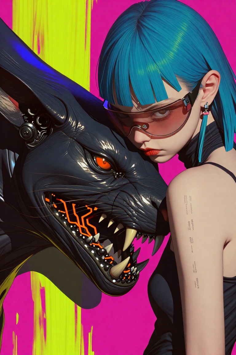 a girl with neon blue hair and a futuristic visor,  leaning her head against a sleek,  matte-black robotic panther. The pa...