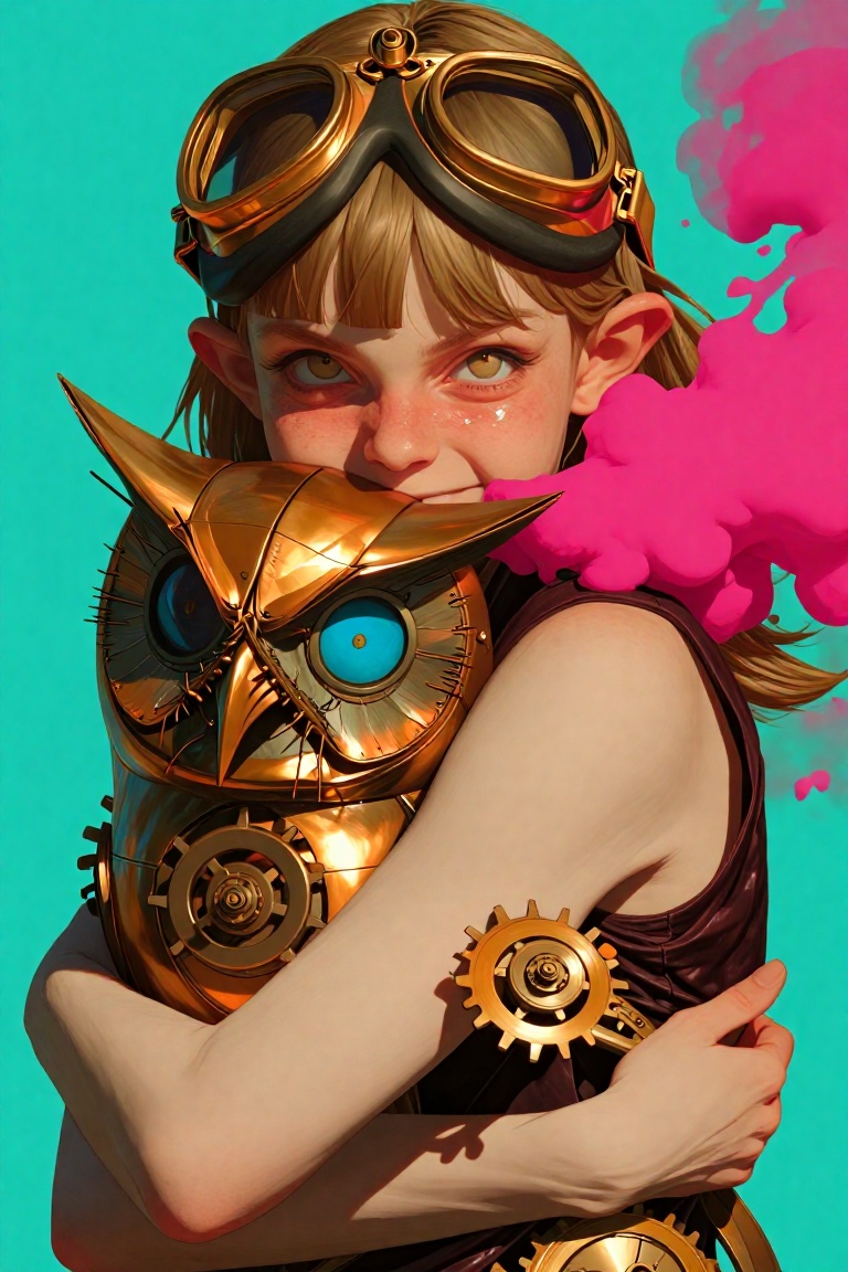 a Victorian-era girl wearing brass aviator goggles on her head,  her face smeared with engine grease. She is hugging a lar...