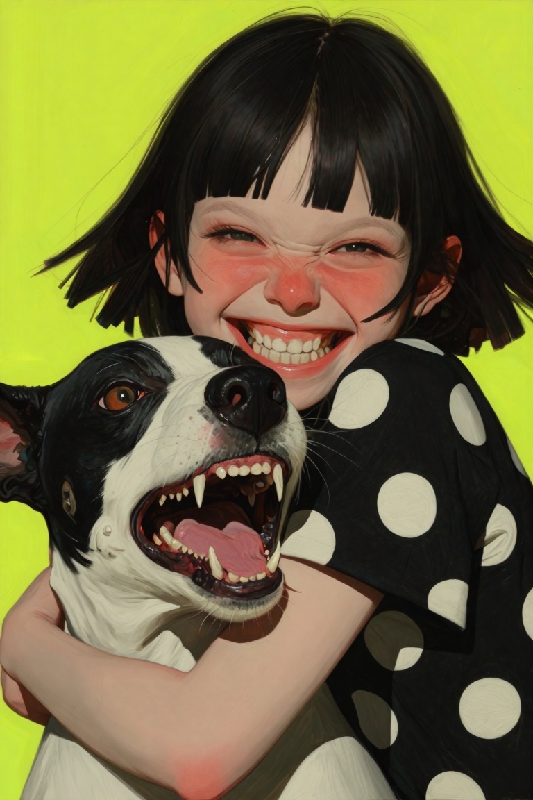 A visceral and chaotic close-up oil painting of a girl with dark pigtails grinning widely,  showing her teeth,  while hugg...