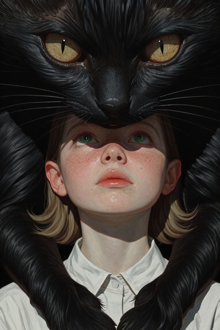 rogerhaus art,  A surreal oil painting of a young girl with freckles and green eyes looking upwards. She is holding a larg...