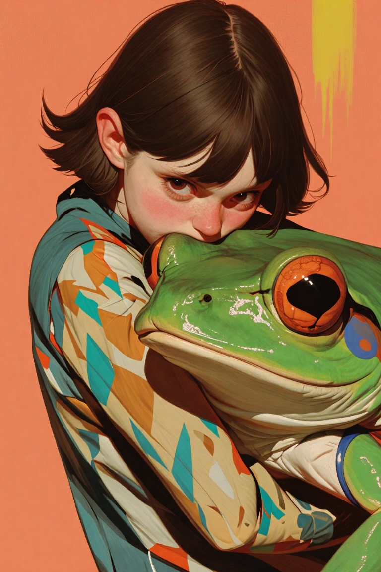rogerhaus art,  An expressive oil painting of a woman with short messy brown hair and rosy cheeks hugging a giant,  realis...