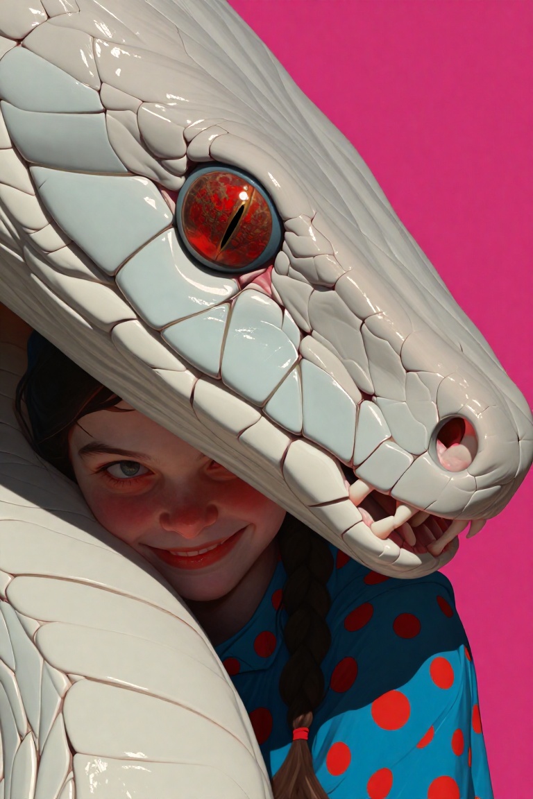 rogerhaus art,  A surreal close-up portrait of a girl peeking out from behind a massive,  pale snake head. The snake has d...