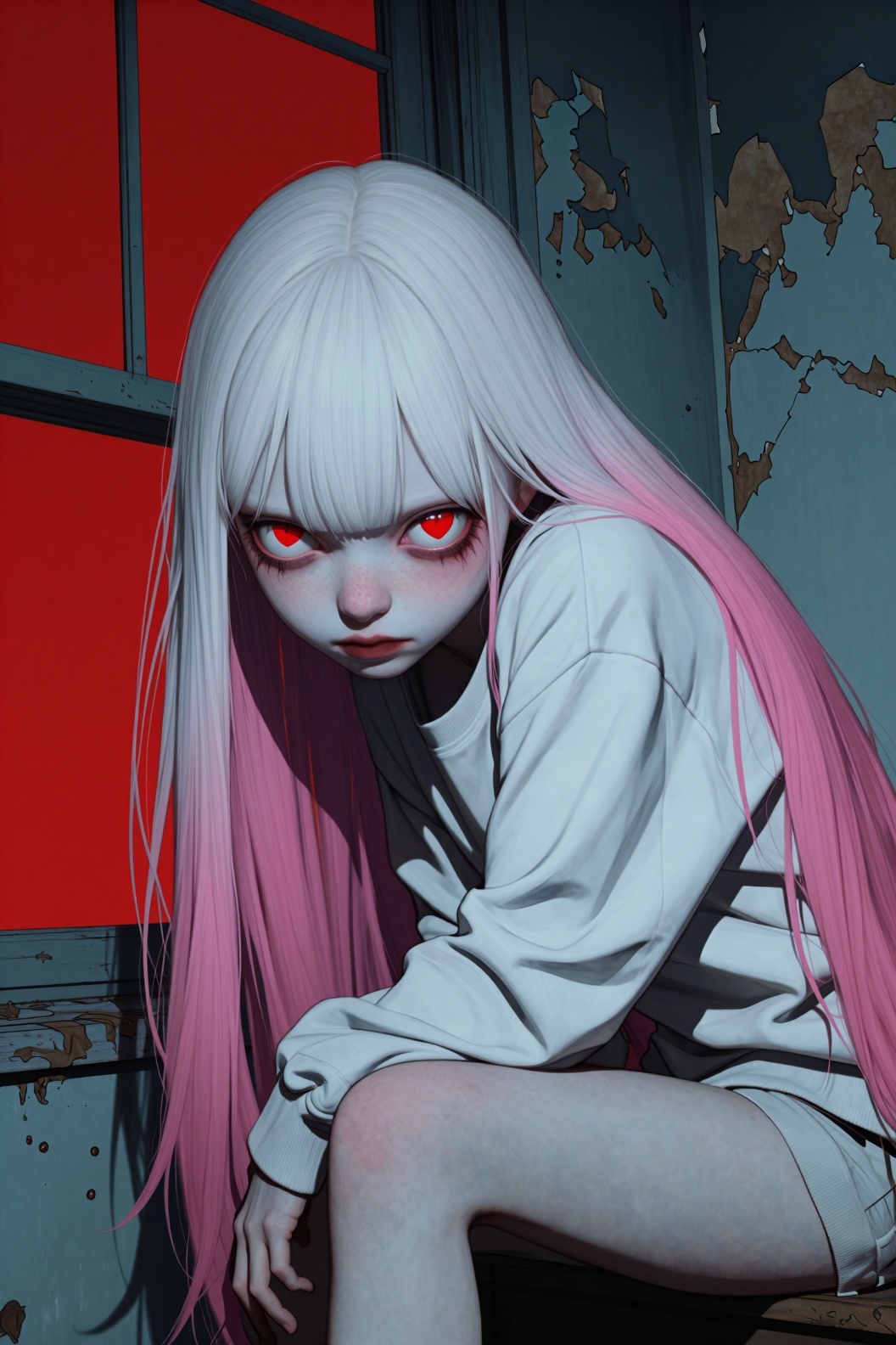 A surreal,  pastel-gothic portrait of a pale character with long white hair dipping into pink,  sitting in a dilapidated r...