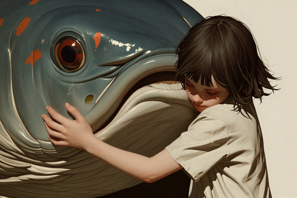 rogerhaus art,  a small girl with messy brown hair hugging the giant head of a massive,  ancient dark blue fish. The fish...