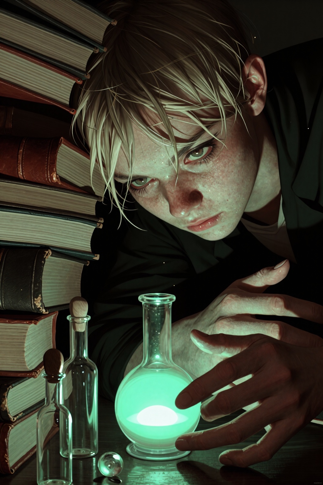A moody close-up of a young scholar sitting amidst piles of ancient leather-bound books and glass vials in a dark study. H...