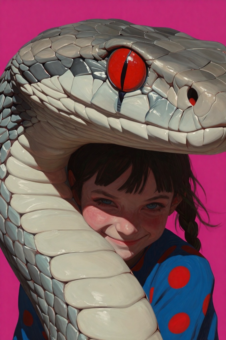 A visceral and chaotic close-up oil painting of a girl peeking out from behind a massive,  pale snake head. The snake has...