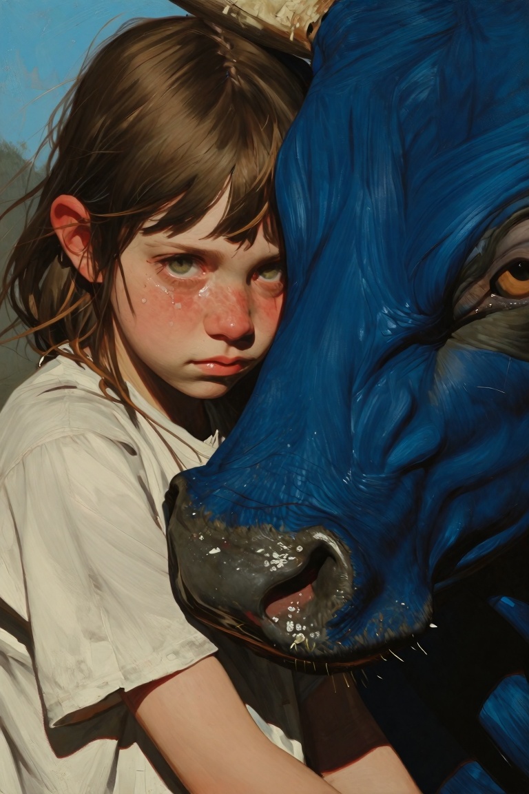 A visceral and chaotic close-up oil painting of a young girl with messy brown hair and teary green eyes,  tenderly hugging...