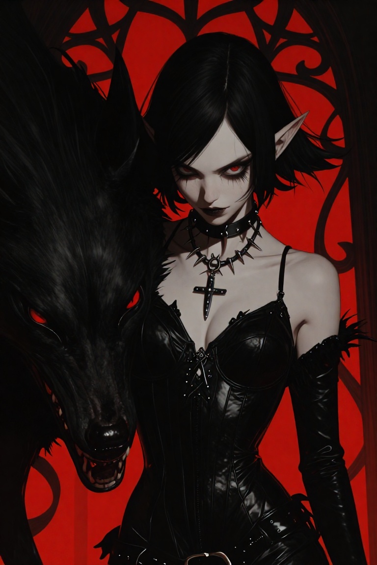 A dark fantasy portrait of a vampire-like beauty with pointed ears and short black hair,  accompanied by a snarling black...