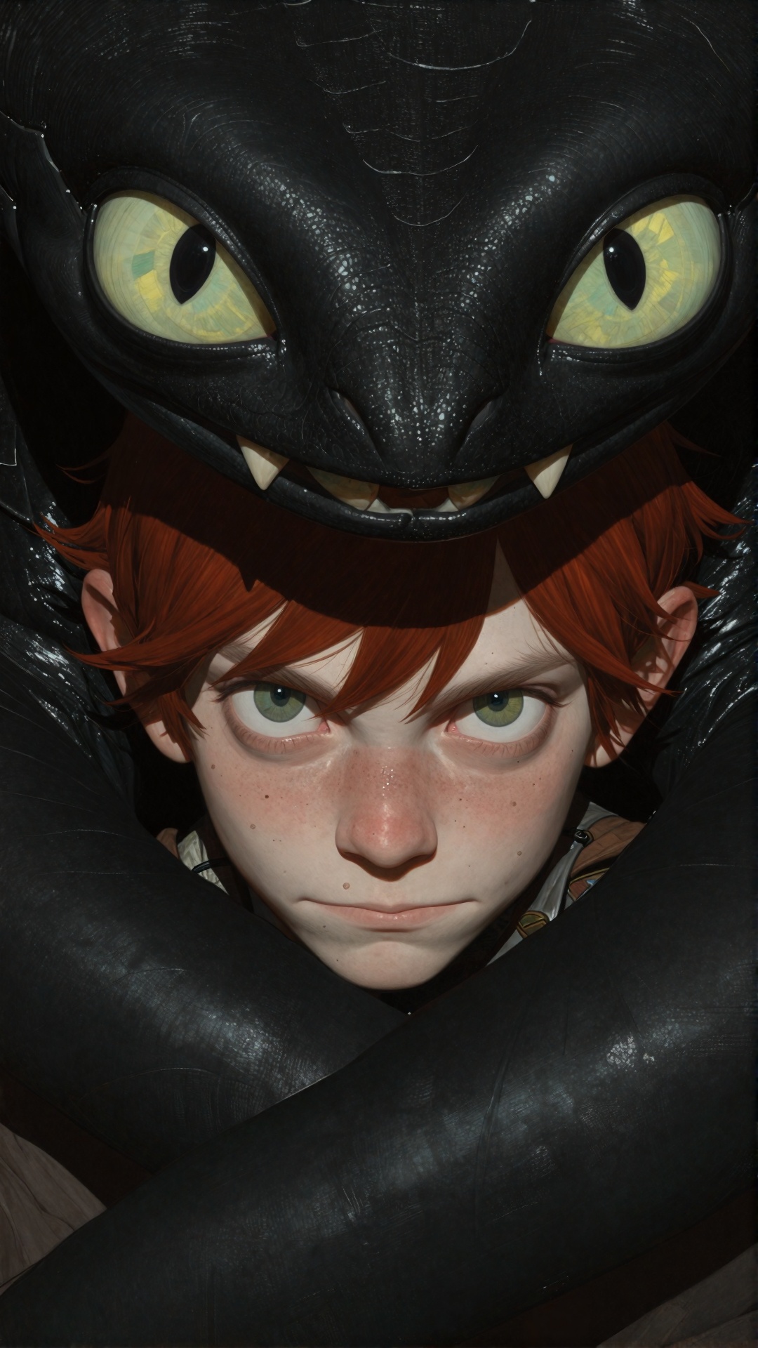 A surreal oil painting of the character Hiccup from the animated film How To Train Your Dragon,  his eyes looking at the v...