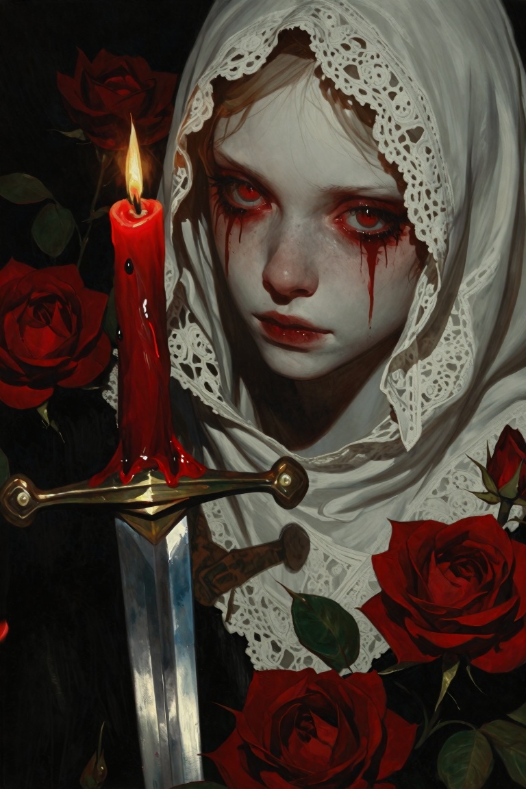 A visceral and chaotic close-up oil painting of A haunting gothic masterpiece of a pale woman with teary,  red-rimmed eyes...