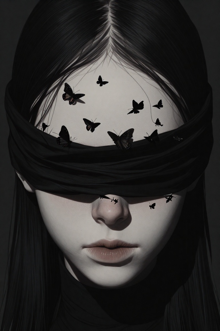 portrait of a pale gothic figure blindfolded with a torn black cloth. The fabric of the blindfold disintegrates and transf...