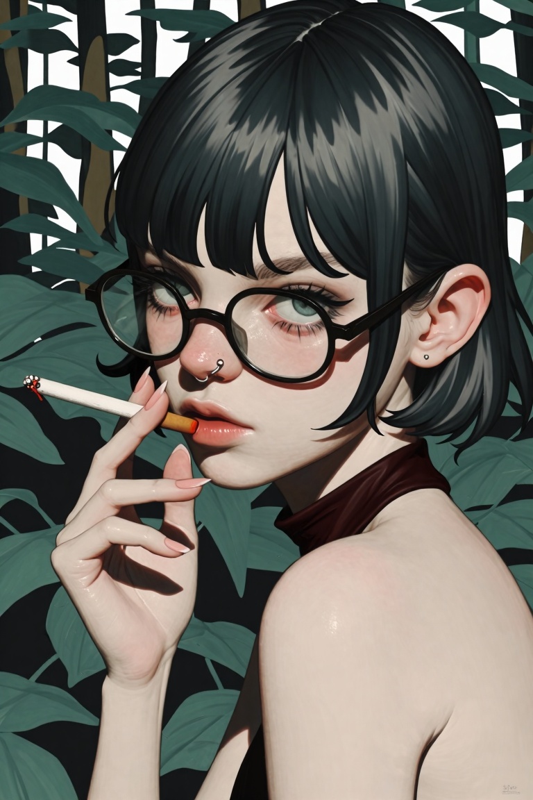 A visceral and chaotic close-up oil painting of a minamalistic watercolor themed cartoon of a young woman with choppy dark...