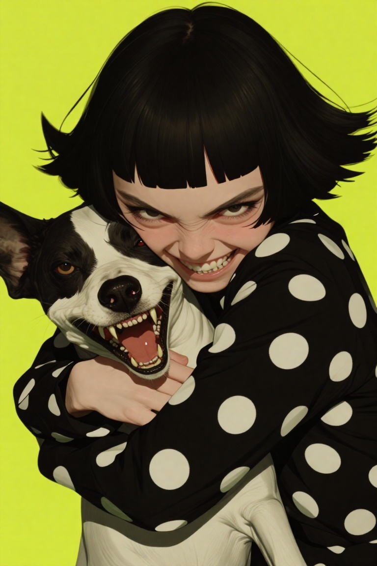 rogerhaus art,  a girl with dark pigtails grinning widely,  showing her teeth on Tensor.Art