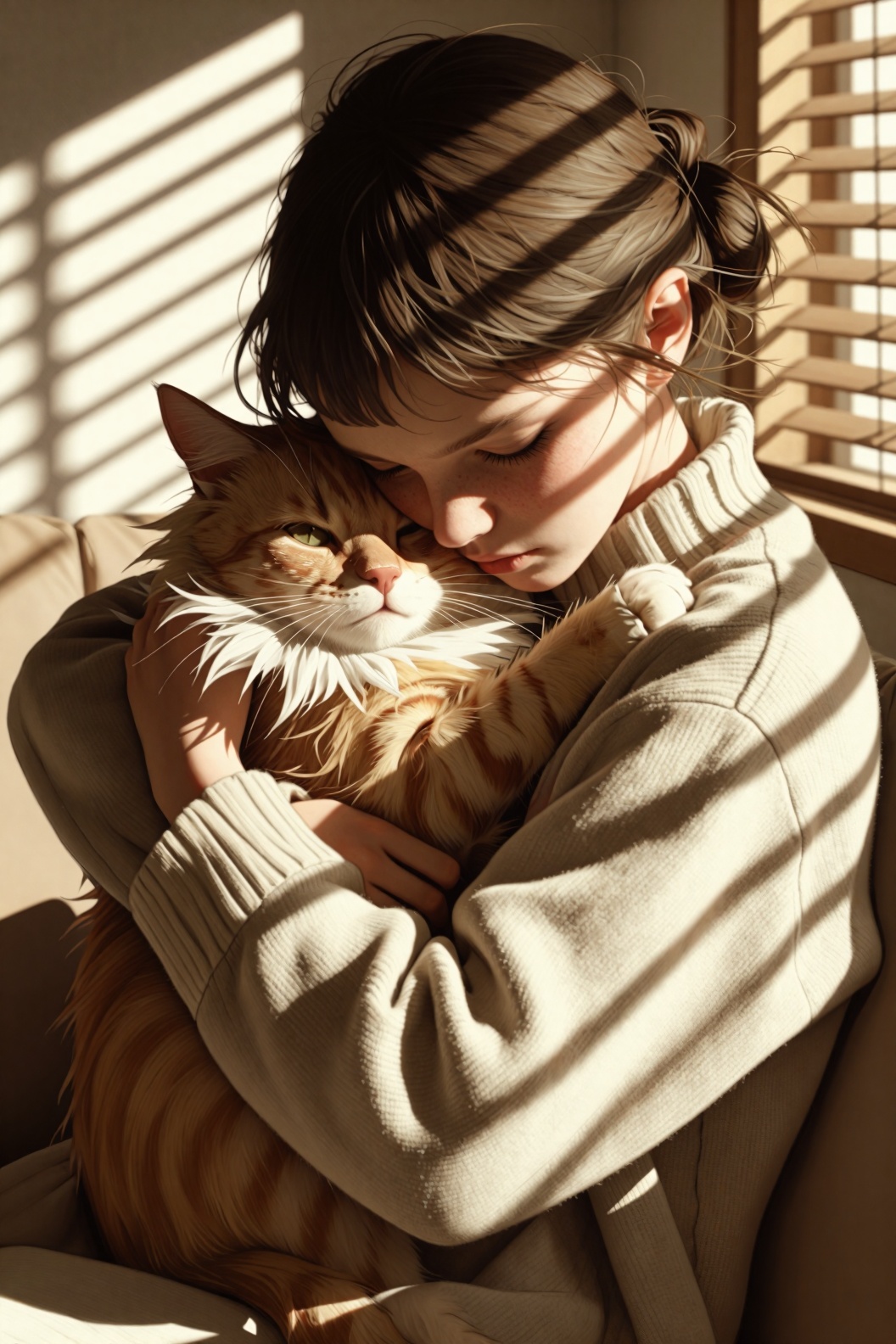 A cozy,  sun-drenched portrait of a young woman cuddling a fluffy orange tabby cat close to her face. She has messy brown...