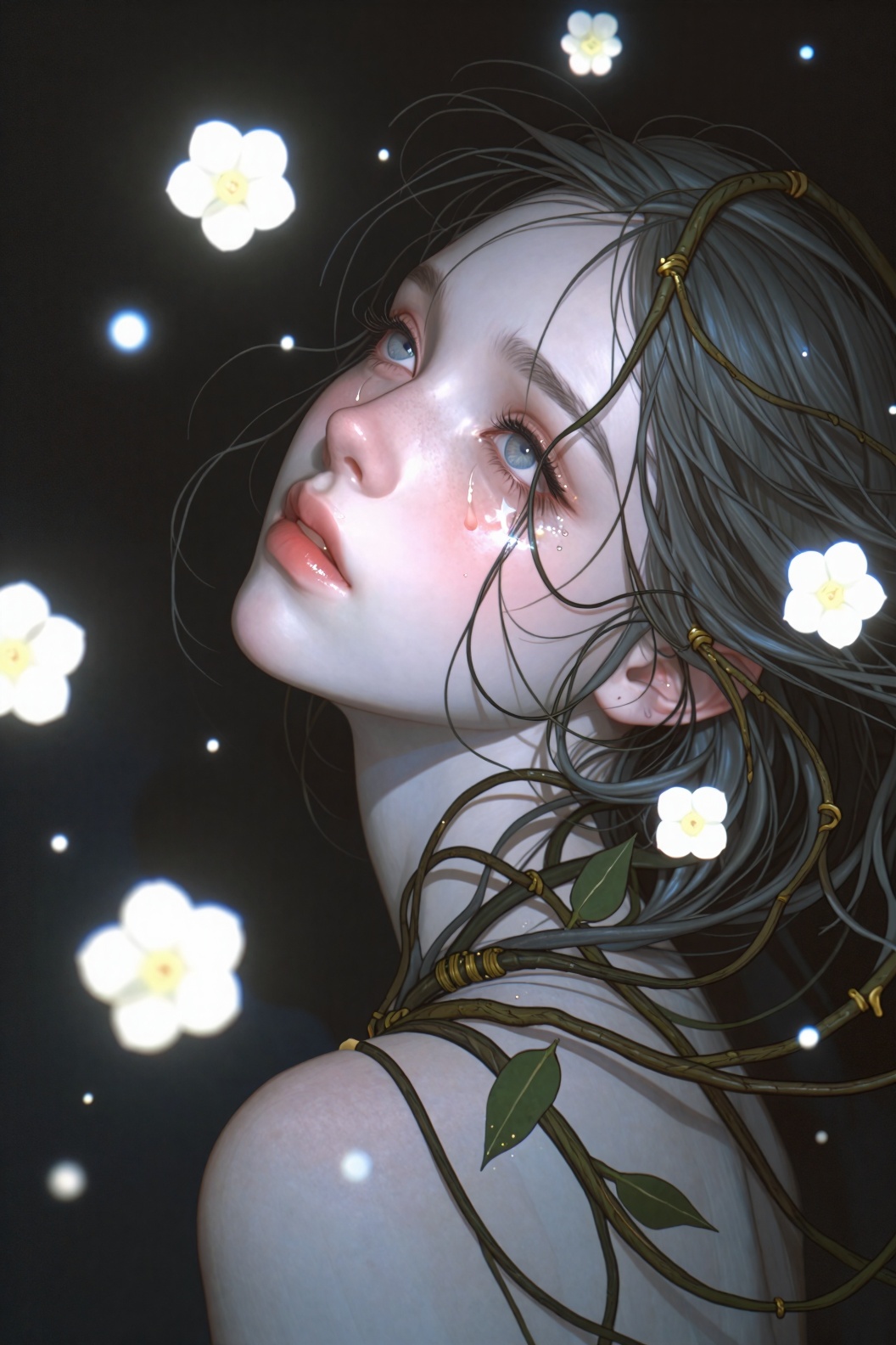 A portrait of a beautiful figure surrounded by floating glowing flowers and particles. They have long,  flowing hair inter...
