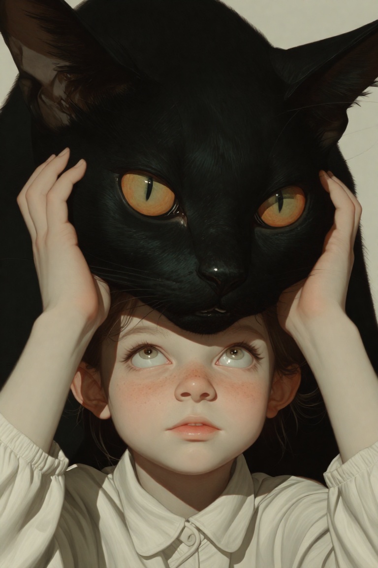 rogerhaus art,  A surreal oil painting of a young girl with freckles and green eyes looking upwards. She is holding a larg...