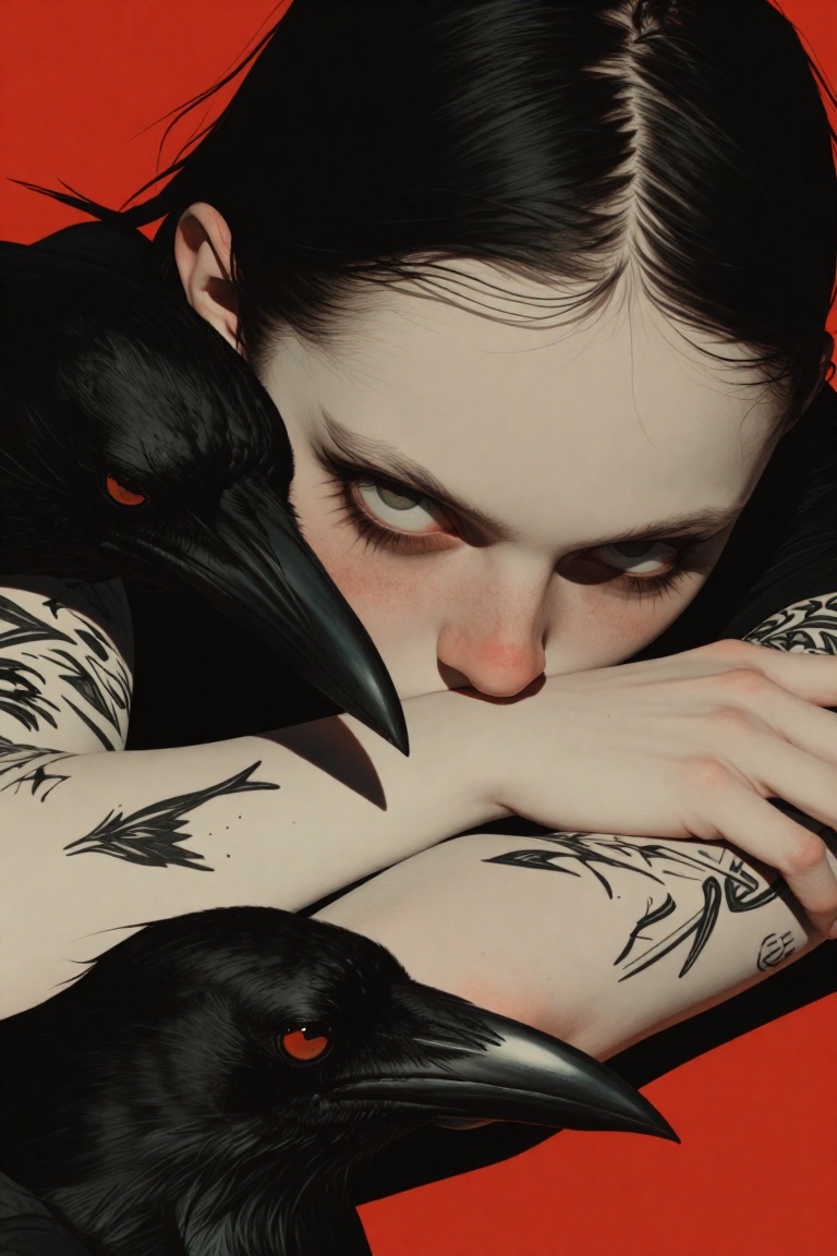 rogerhaus art,  A close-up portrait of a young woman with intense light-colored eyes,  resting her chin on her crossed arm...