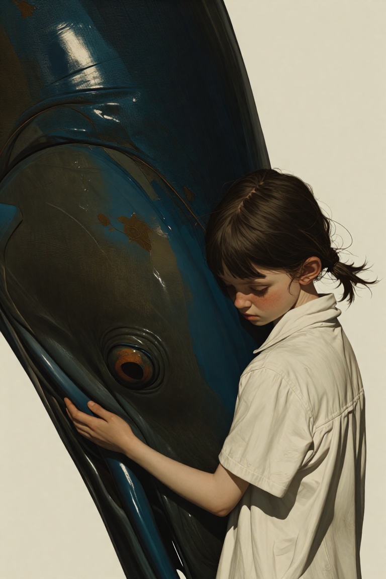 rogerhaus art,  a small girl with messy brown hair hugging the giant head of a massive,  ancient dark blue fish. The fish...