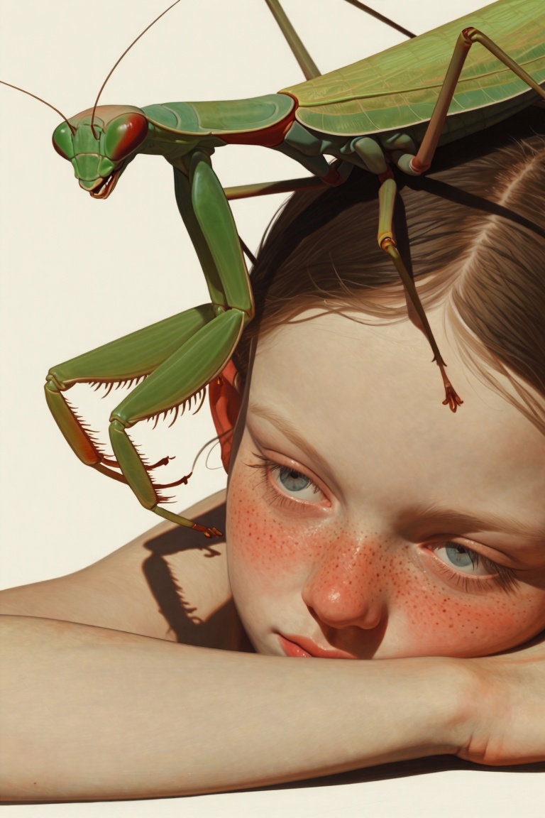 A serene and surreal extreme close-up portrait. A girl with heavy freckles and flushed cheeks is resting her head on her h...