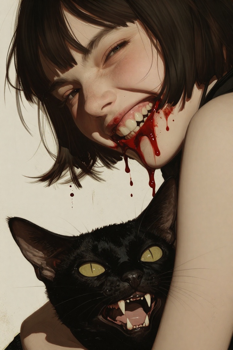 A visceral and chaotic close-up oil painting of a girl with a dark bob haircut lying down. She has a manic expression,  gr...