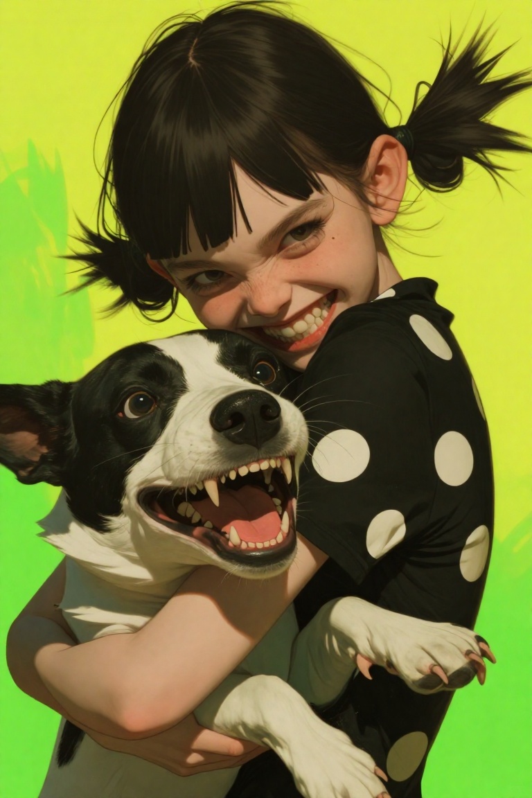 a girl with dark pigtails grinning widely,  showing her teeth,  while hugging a black and white dog that is also snarling...