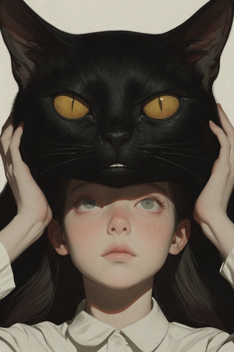 A surreal oil painting of a young girl with freckles and green eyes looking upwards. She is holding a large black cat's he...