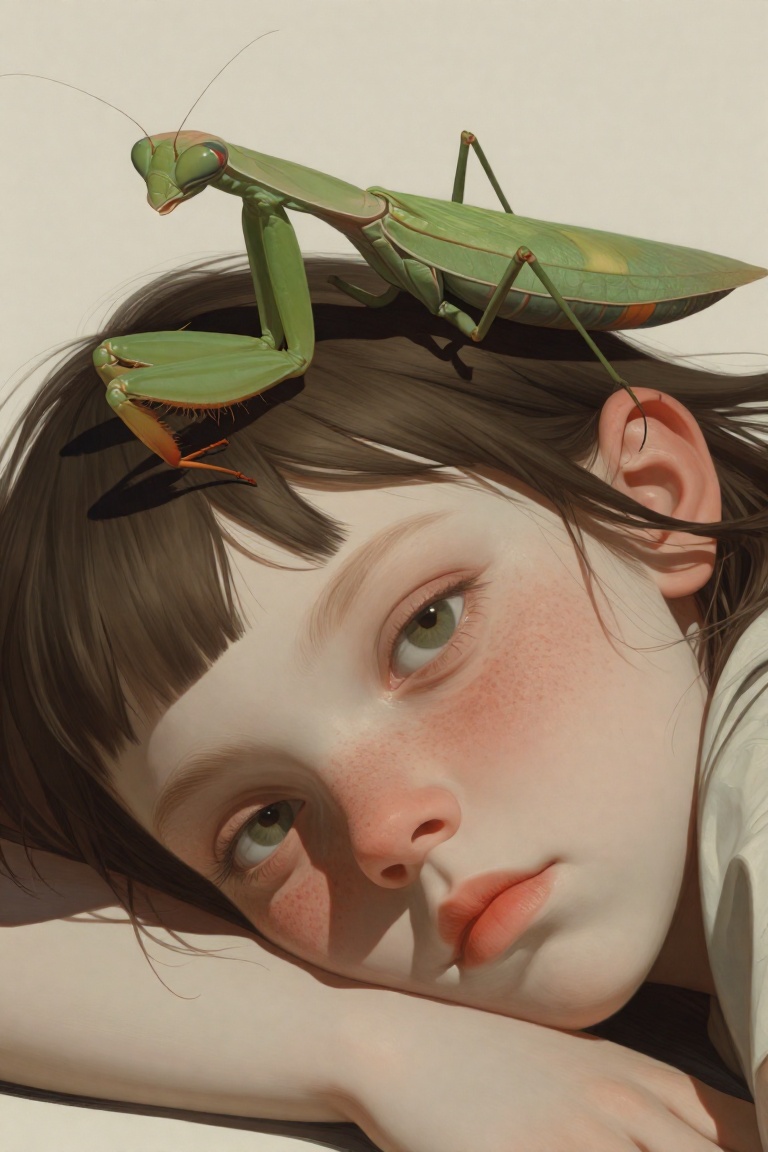 A serene and surreal extreme close-up portrait. A girl with heavy freckles and flushed cheeks is resting her head on her h...