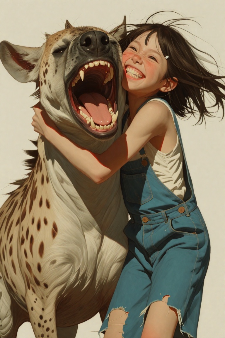 An energetic and joyful oil painting of a messy-haired girl playing roughly or hugging a massive spotted hyena. The hyena...