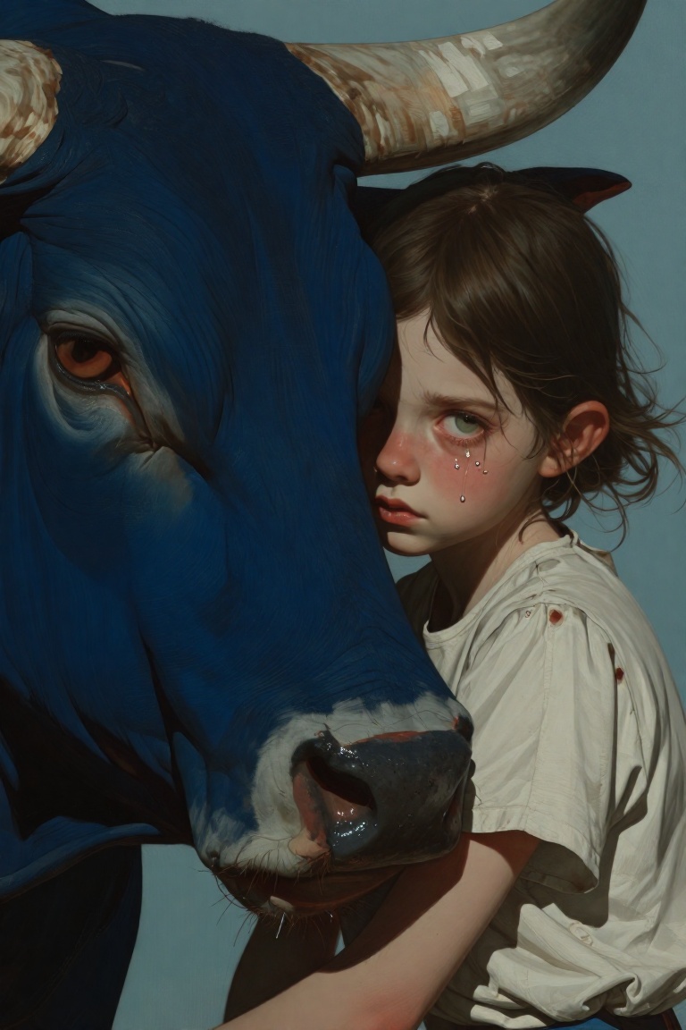 An intimate and melancholic portrait of a young girl with messy brown hair and teary green eyes,  tenderly hugging the mas...