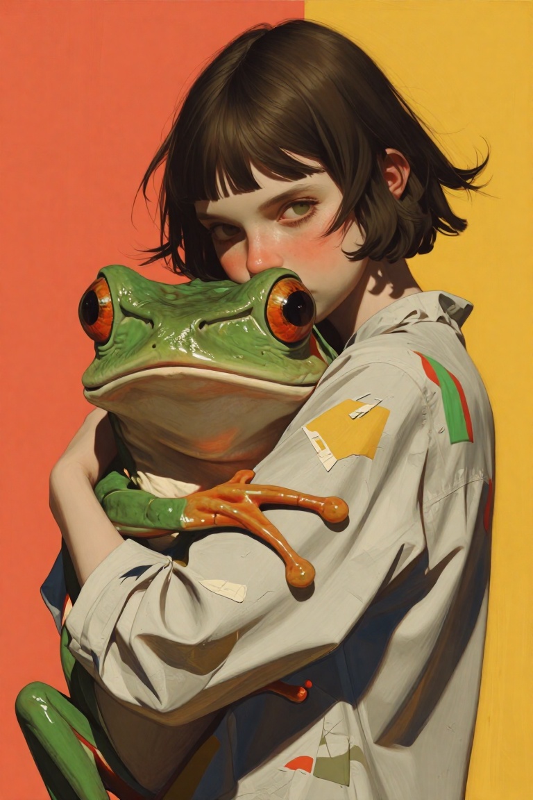 An expressive oil painting of a woman with short messy brown hair and rosy cheeks hugging a giant,  realistic green bullfr...