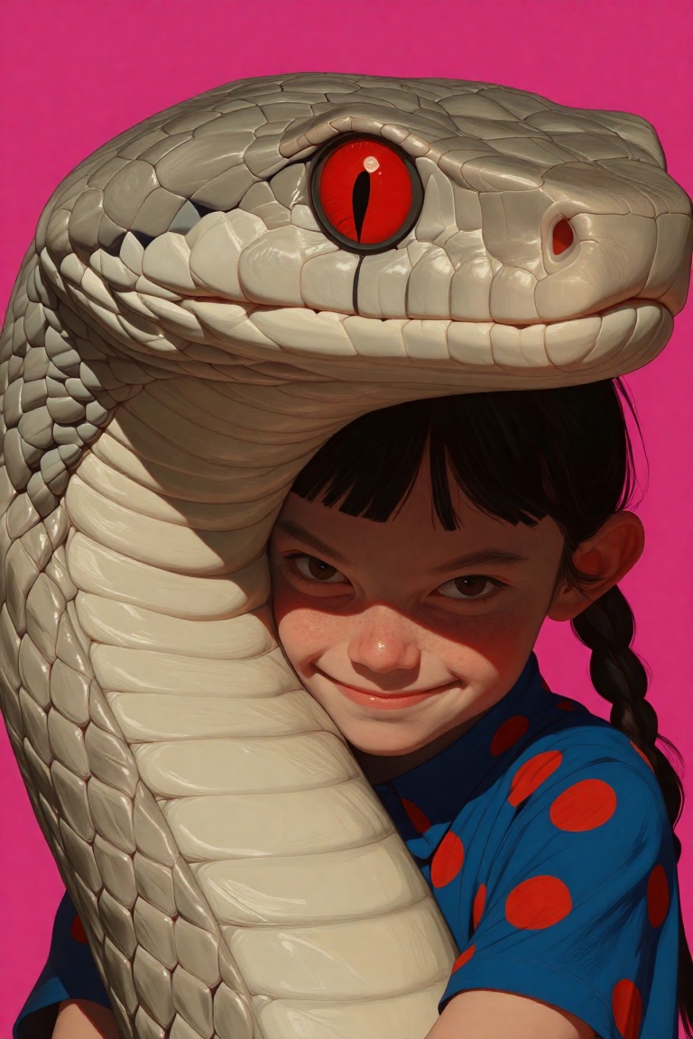 A surreal close-up portrait of a girl peeking out from behind a massive,  pale snake head. The snake has detailed gray and...