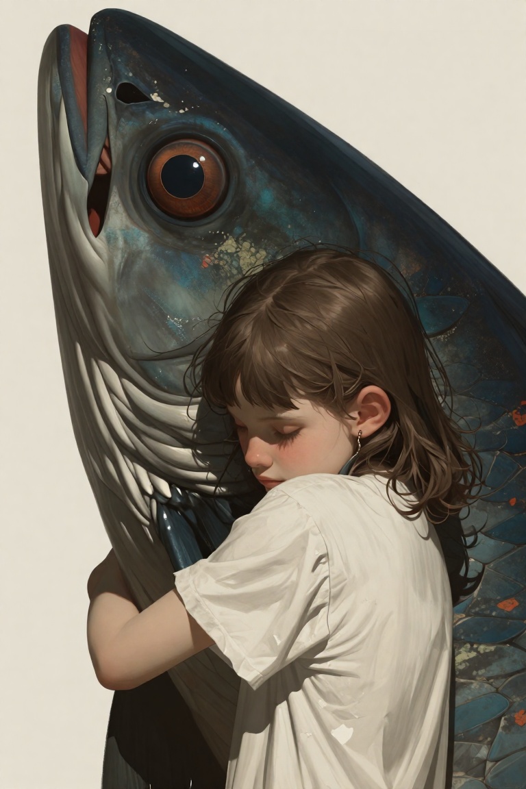 a small girl with messy brown hair hugging the giant head of a massive,  ancient dark blue fish. The fish has rough textur...