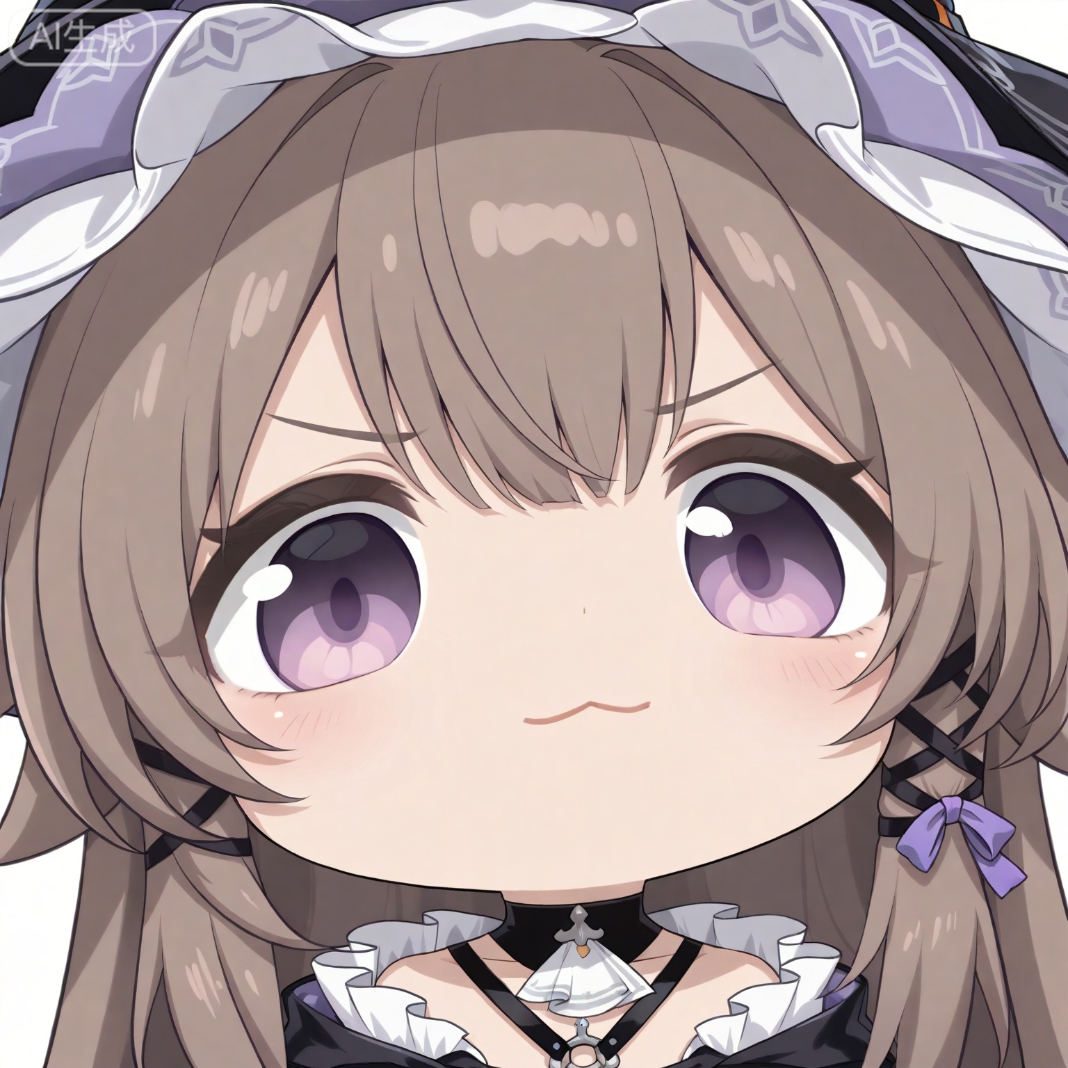 ((masterpiece)), ((best quality)), 8k, high detailed, ultra-detailed,
zhubidatou, 1girl, solo, purple eyes,brown hair,black witch hat, dress, :<>, portrait, looking at viewer, transparent background, chibi, long hair, closed mouth,
daheita