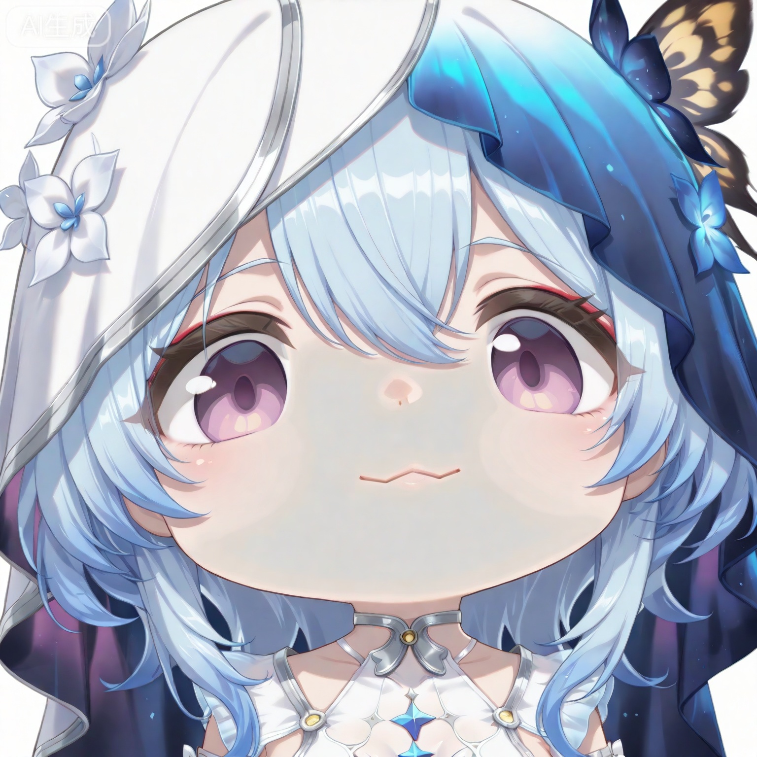 ((masterpiece)), ((best quality)), 8k, high detailed, ultra-detailed,
zhubidatou, 1girl, solo, purple eyes, blue hair, :>=, portrait, looking at viewer, ((transparent background)), chibi, long hair, closed mouth,
shouanren,veil,