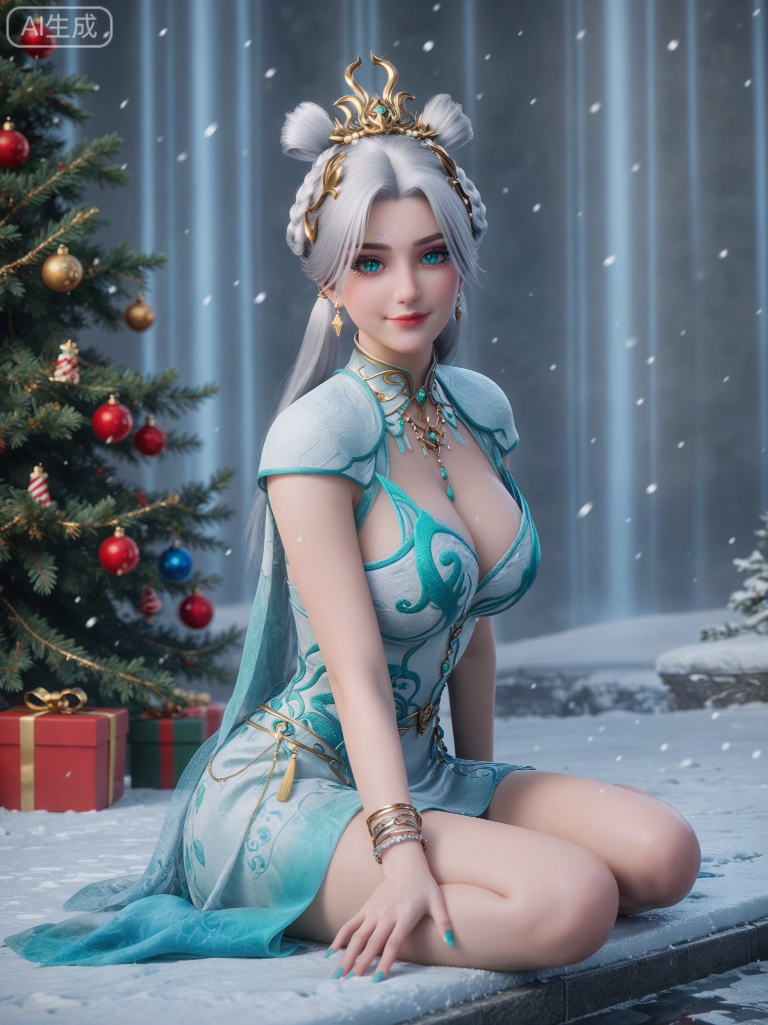 score_9,score_8_up,score_7_up,masterpiece,(best quality),(intricate details:0.9) BREAK (intricate details:0.9),(realistic skin:1.2),masterpiece,best quality,newest,absurdres,hiahres,1girl,solo,jewelry,hair ornament,dress,necklace,lips,eyeshadow,bracelet,tassel,(8k ultra-clear, pony style),photo pose 0.6, micro-expression: soft smile 0.3, half-body + medium shot 0.7,1girl,solo.looking_at_viewer,realistic,photorealistic,Vivid Colors,bright environment,shiny skin,shiny hairjewelry,detail eyes,Eyes highlights,glowing,sunshine,bright,reflection,bright,sunshine on face,shiny,shinny,petite,thin,leg slimming,lose weight,slim hips,lakeside,delicate water,reflection,(full body:1.2)sitting_down,eyelashes,snow,Winter,Snowy landscape,Snow accumulation,Christmas tree,(huge breasts:1),