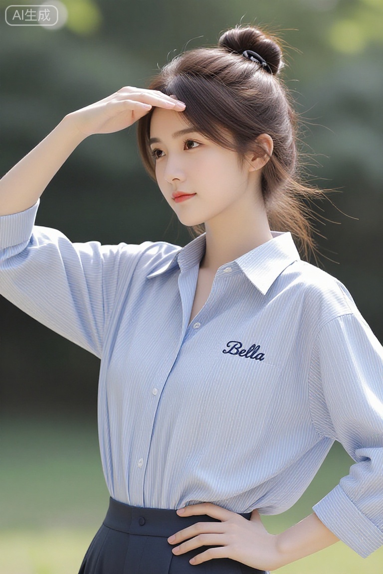 这张图片展示了一位身穿蓝白条纹衬衫的年轻女性。她站在户外,背景是绿色的植物,阳光明媚。她的头发梳成一个高高的发髻,用发带固定住。她用一只手遮住额头,似乎在眺望远方,另一只手放在腰上,显得自信而自然。衬衫的左胸口处有一个刺绣的图案,上面写着“Bella”。整体画面给人一种清新自然的感觉,光线柔和,色调温暖。
