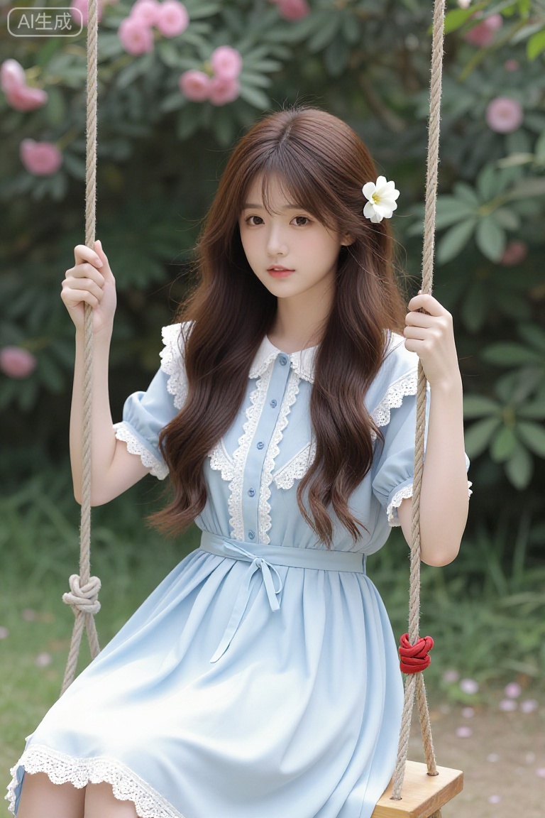 这张图片展示了一位坐在秋千上的年轻女性。她穿着一件浅蓝色的连衣裙,裙子上装饰有白色蕾丝边。她的头发是棕色的,披散在肩上,头上戴着一朵白色的花饰。秋千的绳子是棕色的,上面有红色的绑带。背景是一片绿色的植物,其中有一些开满粉色花朵的植物,增添了画面的自然和浪漫氛围。整体色调柔和,给人一种宁静和温馨的感觉。