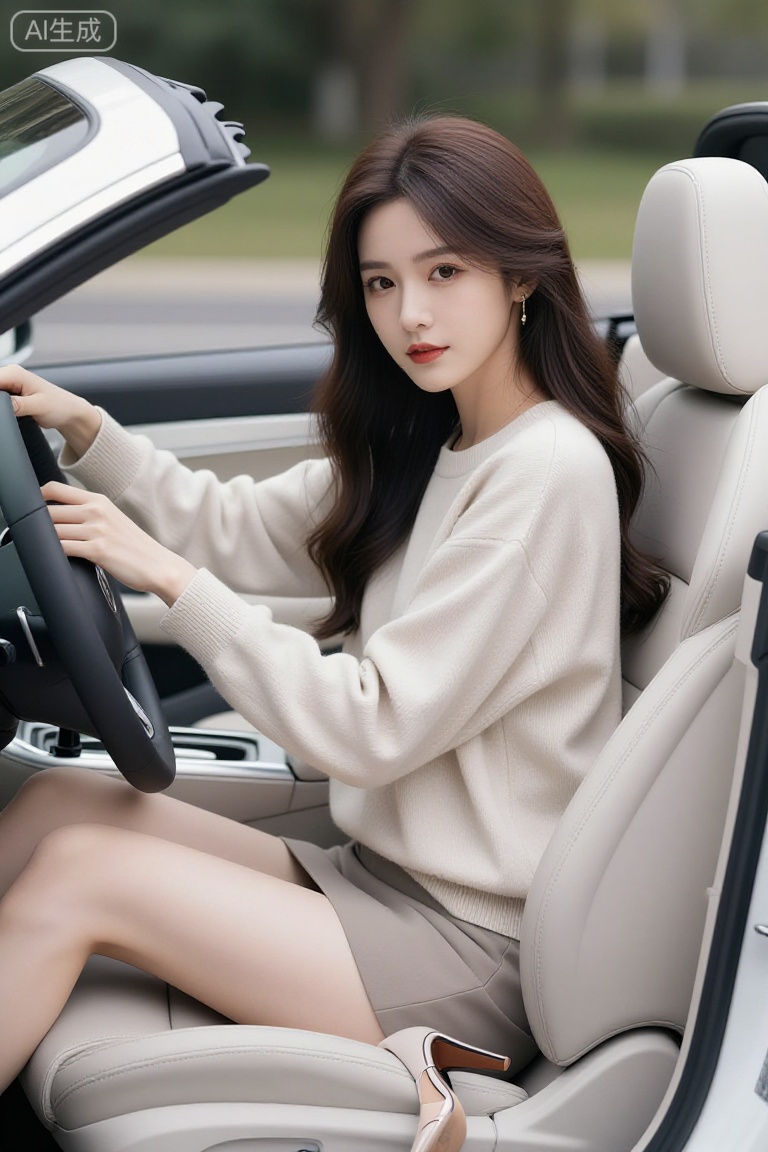 这张图片展示了一位坐在敞篷车内的女性。她穿着一件浅色毛衣,搭配高跟鞋,显得优雅而时尚。她的头发披散在肩上,表情自然,目光直视镜头。汽车内饰为浅色皮革,方向盘和座椅的设计显得非常精致。