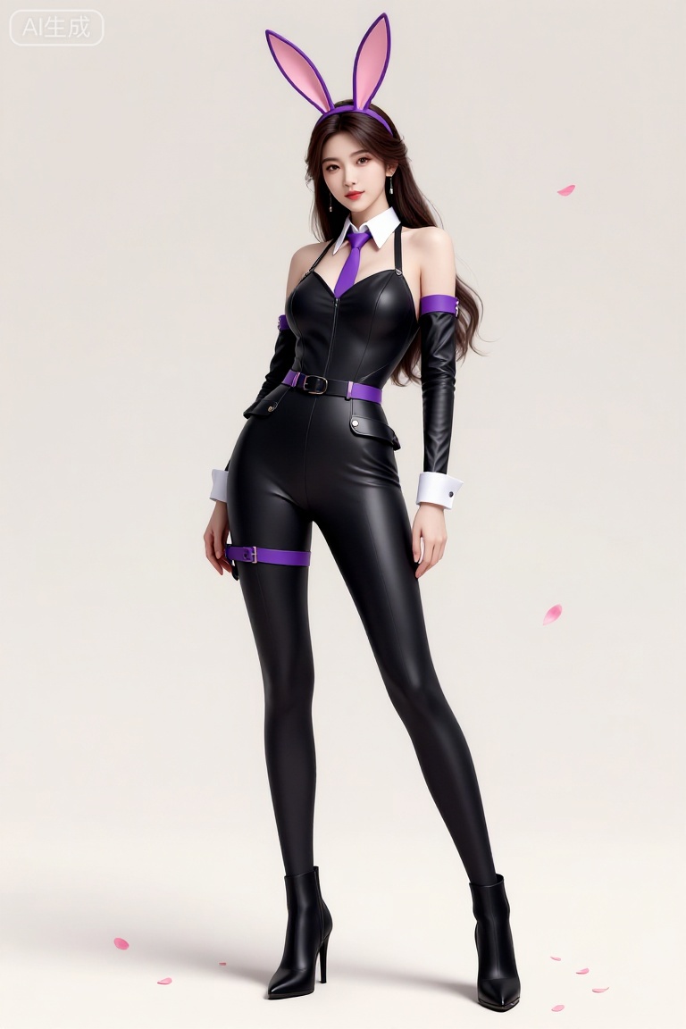 这是一幅精美的数字艺术作品,描绘了一位身穿黑色紧身皮革服装的女性角色。她站在一个浅色的背景前,周围散落着一些粉红色的花瓣。她的服装设计独特,带有紫色装饰和金属扣带,显得非常时尚和未来感。她的耳朵上戴着粉色的兔耳装饰,增添了一丝俏皮感。她穿着一双高跟短靴,整体造型优雅且具有力量感。她的头发是深色的,披散在肩上,与她的服装颜色相呼应。整个画面给人一种神秘而充满活力的感觉,角色的姿态自信且充满自信。