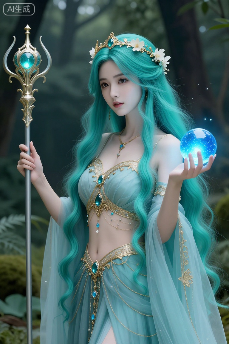 这张图片展示了一位超凡脱俗的女性,她拥有蓝绿色的长发和蓝绿色的服饰,整体造型非常梦幻和神秘。她头戴金色花环,身穿薄纱般的服饰,上面装饰着金色的刺绣和宝石。她的左手持有一根装饰华丽的权杖,右手则握着一个发光的蓝色球体。背景是一个充满绿植和光点的小森林,营造出一种神秘而宁静的氛围。整体画面充满了奇幻和魔法的气息,仿佛置身于一个童话世界。