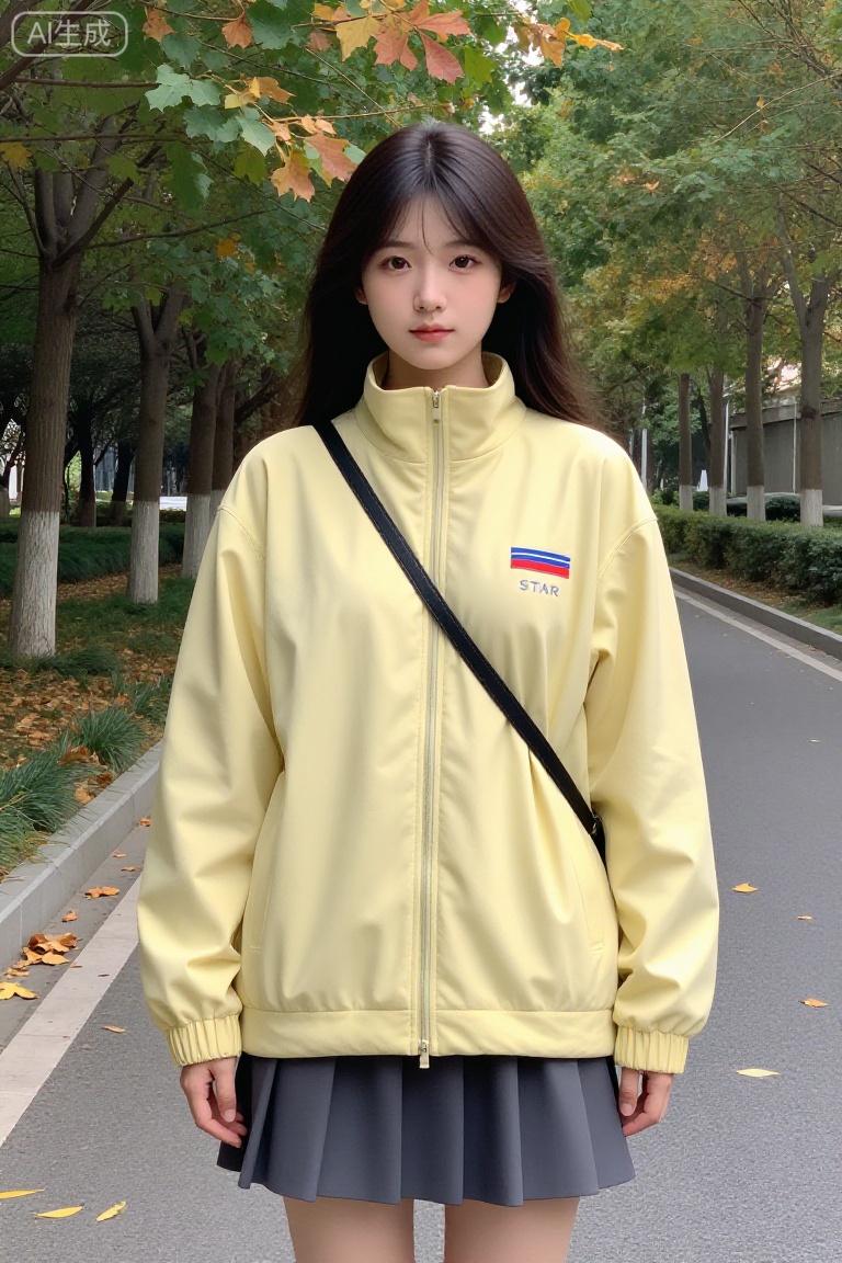 这张图片展示了一位站在户外的年轻女性。她穿着一件浅黄色的拉链夹克,夹克上有一个带有红色和蓝色条纹的标志,标志上有一个小国旗图案,并且写着“STAR”。她搭配了一条深灰色的百褶裙,肩上背着一个黑色的斜挎包。背景是一条绿树成荫的小路,树叶呈现出秋天的颜色,地上也散落着一些黄色的落叶。整体氛围显得非常清新自然。