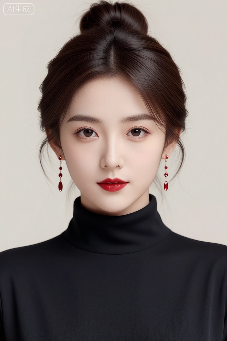 这是一幅精美的写真,描绘了一位年轻女性。她拥有深色的头发,梳成了一个高高的发髻,部分头发垂在脸颊两侧。她的耳朵上戴着一对长款的耳环,耳环由多个小巧的红色宝石组成,与她的红色口红相呼应。她穿着一件黑色的高领上衣,衣领紧贴颈部,显得非常简洁和优雅。背景是浅色的,没有明显的装饰,使得人物更加突出。整体画面给人一种高雅、精致的感觉,人物的妆容和服饰搭配得当,展现了她的美丽和优雅。