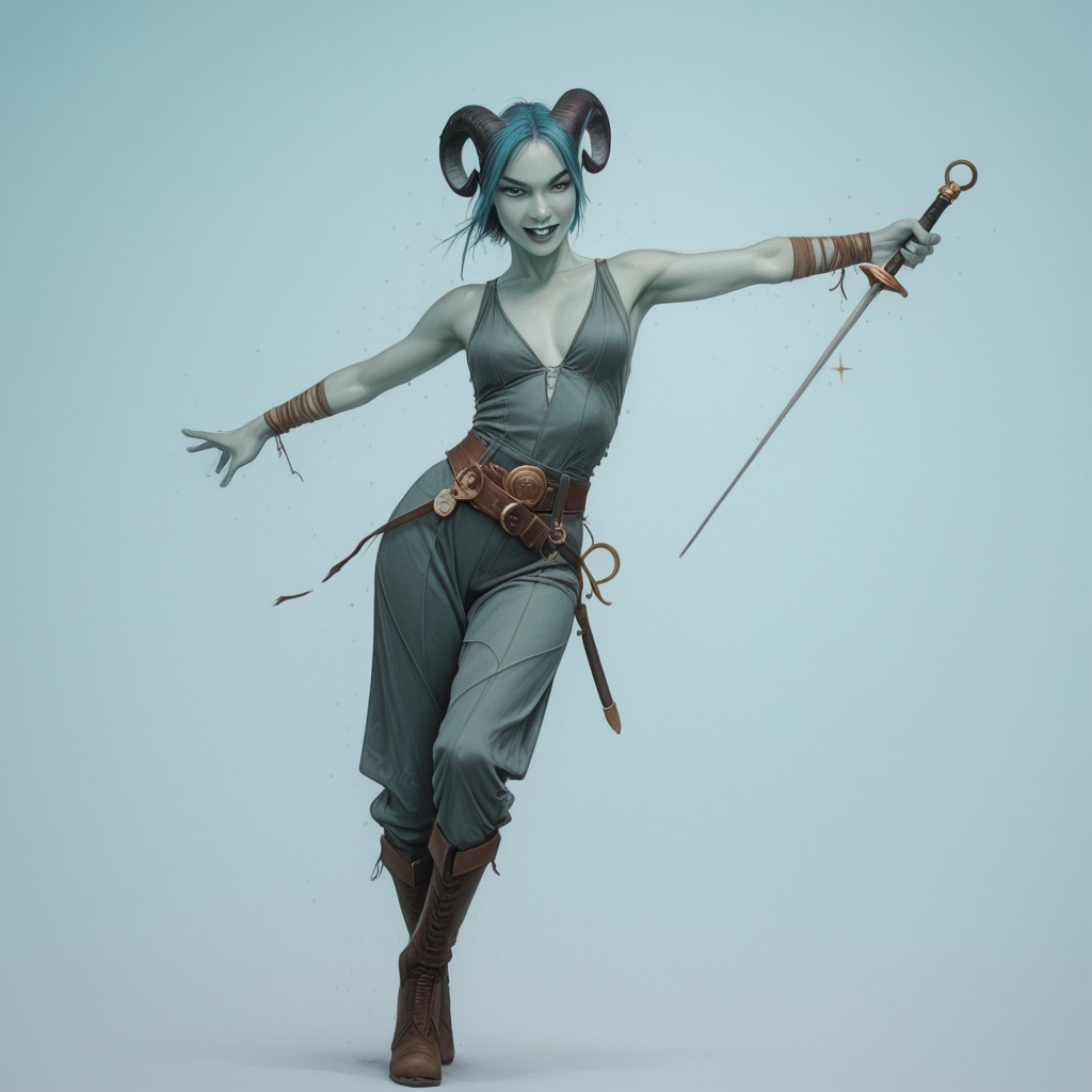 In a semi-realistic style reminiscent of a high-quality cartoon,  we see a captivating tiefling woman with a shy demeanor,...