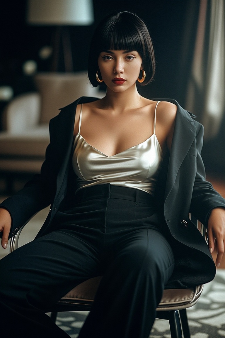Photorealistic portrait of a sophisticated woman with sleek black bob haircut and red lipstick,  wearing a tailored black...