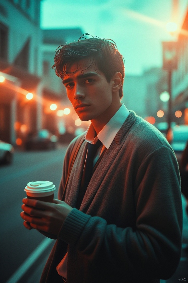 The image shows a person standing outdoors,  dressed in a grey sweater over a white shirt and a black tie. The individual...