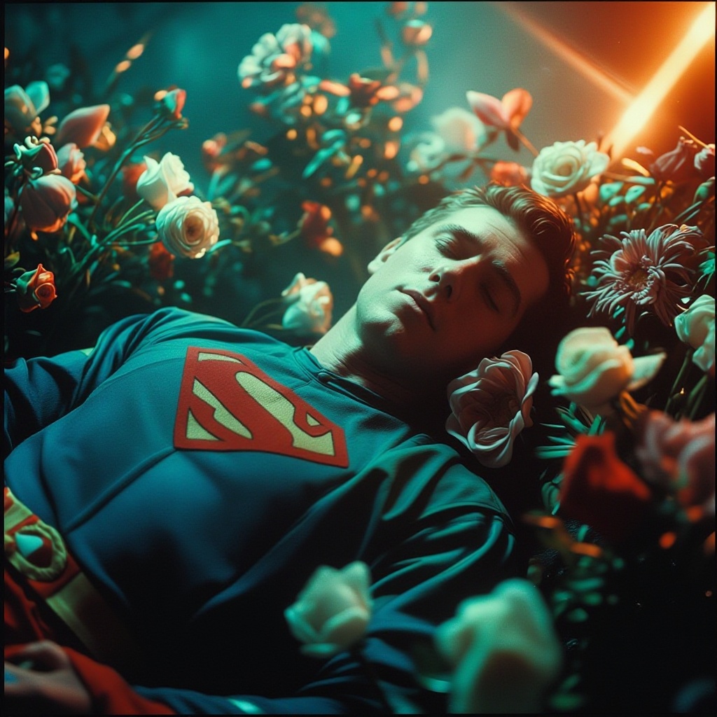 The image depicts a man lying down,  surrounded by a variety of flowers. He is wearing a blue suit with a prominent red "S...