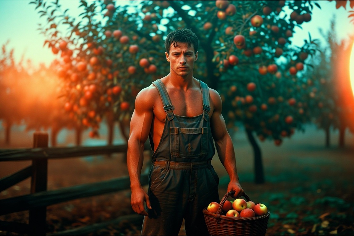 The image depicts a muscular man standing outdoors in an orchard. He is wearing overalls that are visibly dirty,  suggesti...