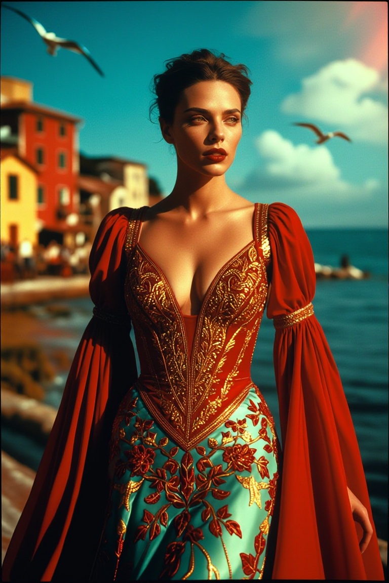 The image depicts a woman standing against a picturesque backdrop of a coastal town with colorful buildings and a blue sea...