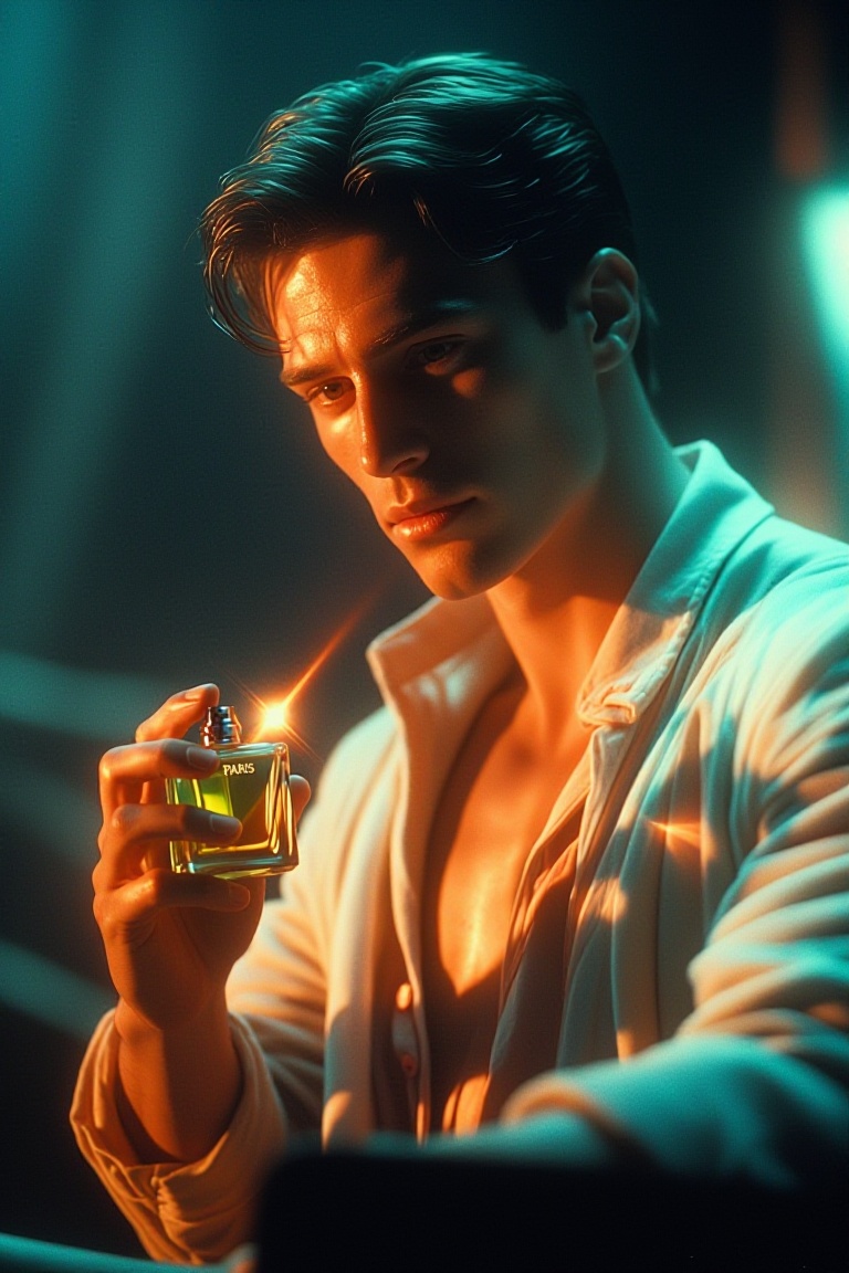 The image shows a man holding a bottle of perfume. The man is wearing a white shirt that is partially unbuttoned,  reveali...