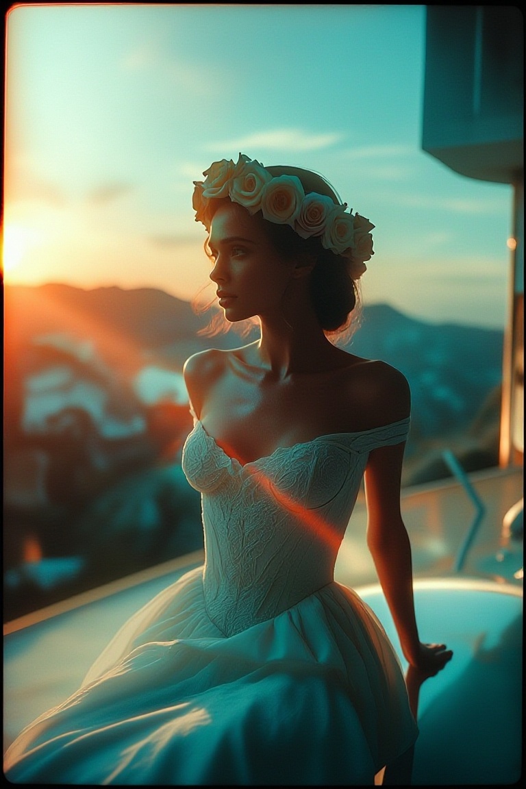 The image depicts a woman dressed in an elegant,  strapless white gown with intricate lace detailing. She is wearing a flo...